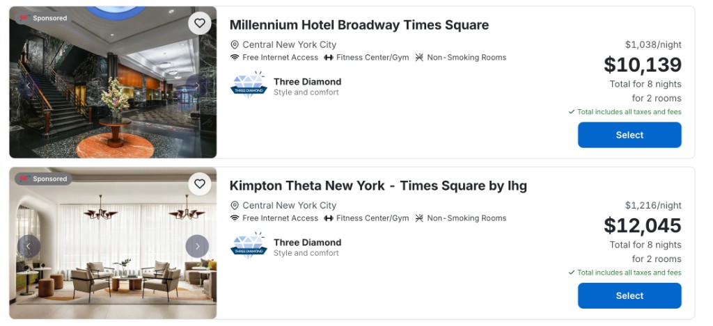 New hotel search result cards on desktop showing larger images, AAA Diamond, top amenities, and clearer pricing